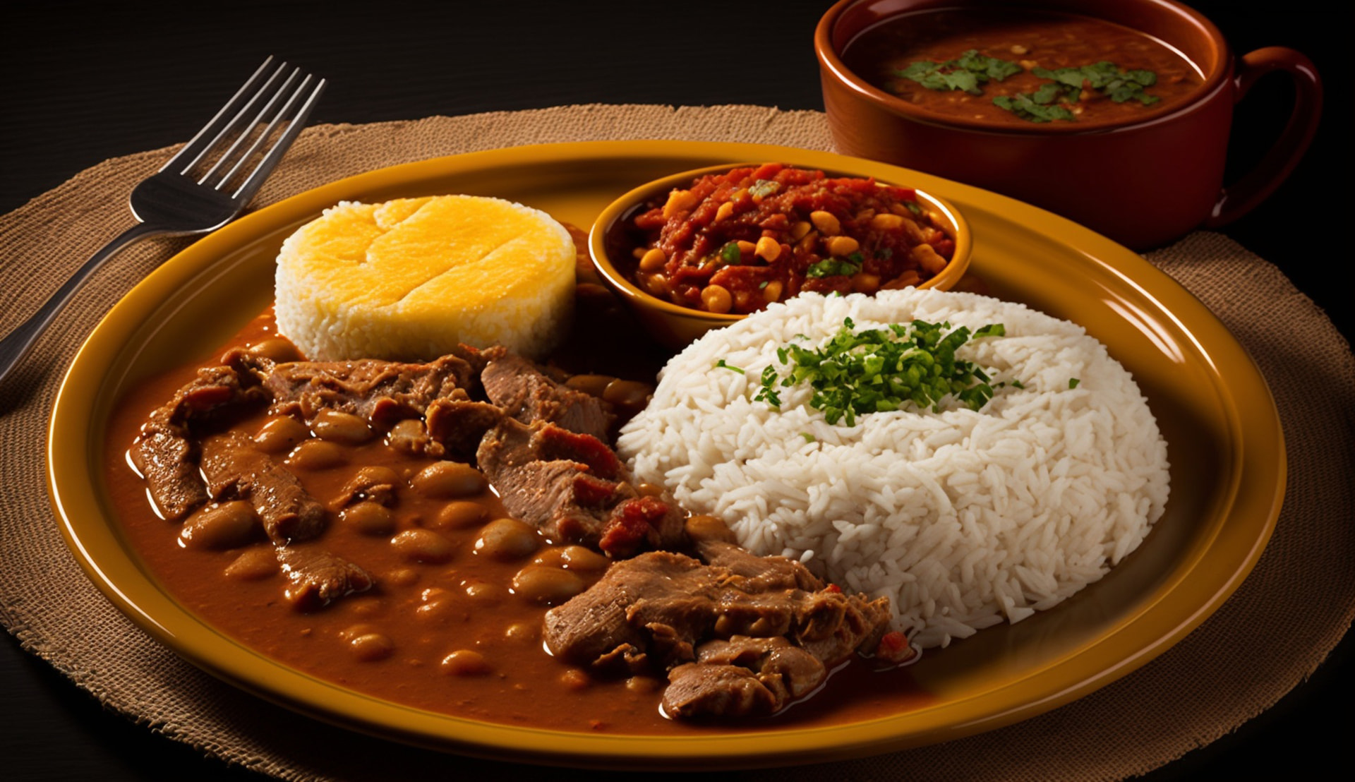 Prato de almoço brasileiro com arroz, carne, feijão e acompanhamentos