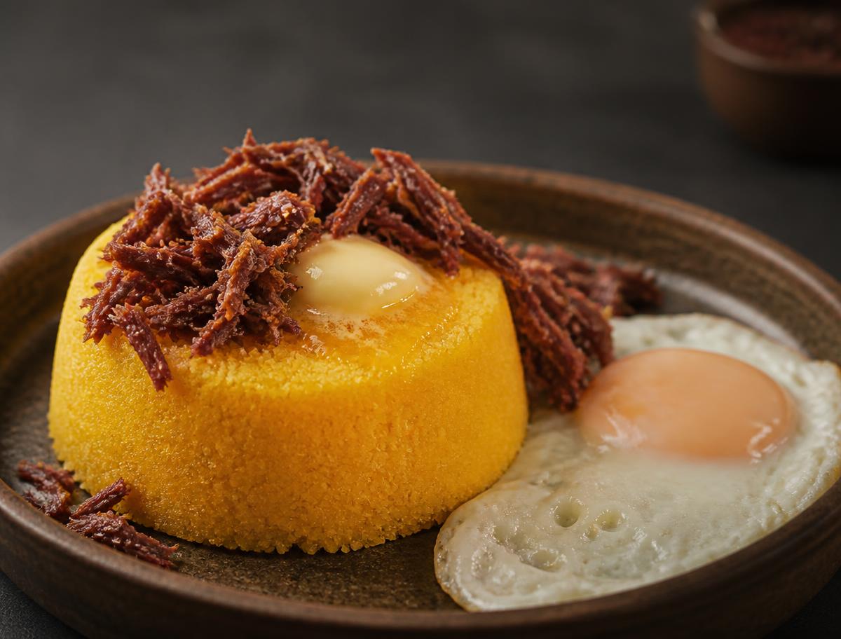 Cuscuz de milho com carne desfiada e ovo